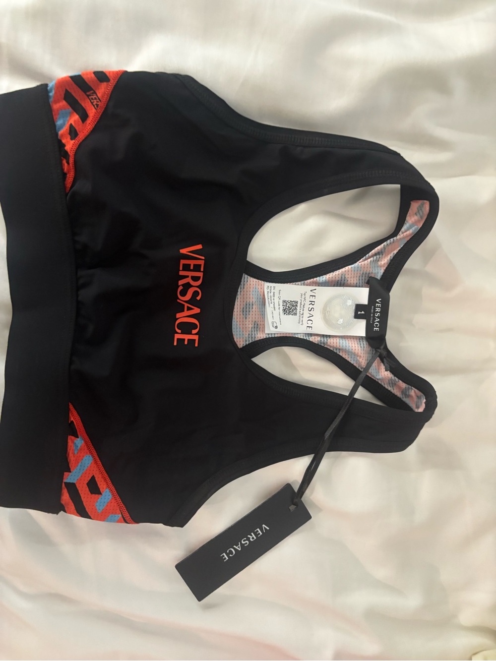 Versace Black Sports Bra with Coral Logo and Multicolor Trim